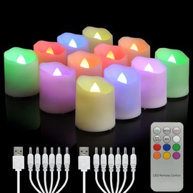 Rechargeable Flameless Tea Lights Candles with Timer & Remote, 12pcs RGB Color Changing Electric Fake Candle with 2 USB Charging Cables, Realistic Flickering LED Christmas Decoration Candles for Home