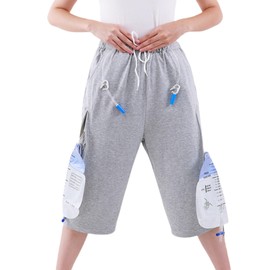 WEEOATAR Unisex Incontinence Care Pants,Fistula pants,Catheter Clothing Incontinence Pants,Urine Bag Trousers with Double Pockets for Nephrostomy,Foley,Suprapubic&Biliary Catheters(Grey,Short,M)