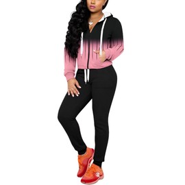 Nimsruc Two Piece Outfits For Women Jogging Suits Workout Casual Long Sleeve Sweatsuit Tracksuit Matching Clothing Pants Sets Black Pink Stripe Gradient L