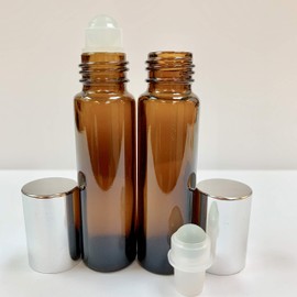 10ml [1/3 oz] EMPTY AMBER Glass Rollon Bottle with Plastic Roller & Aluminum SILVER Ring Caps [75 Pcs]