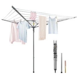 JS HANGER Umbrella Drying Rack Outdoor, Rotary Retractable Dryer Adjustable Height Drying Rack 4 Arms with 131 ft Clothesline