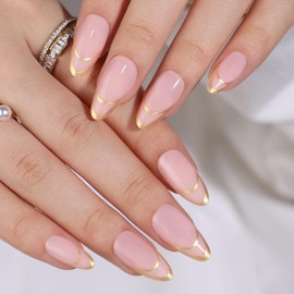 Gold Double French Tips Press-on Nails: Medium Almond Shape, Acrylic with Gold Stripes, False & Glossy Glue-on Slides forWomen