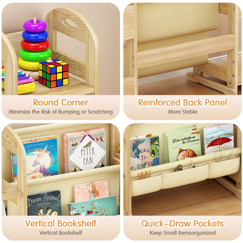 Kids Bookshelf and Toy Storage Organizer, Wood Book Shelf for
