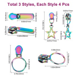 GORGECRAFT 1 Box 12 Pieces Rainbow Zippers #5 #3 Slider Self-Locking Zipper Colourful #3 Star Rectangular #5 Round Metal Replacement Repair Kit Large Teeth Zip Head