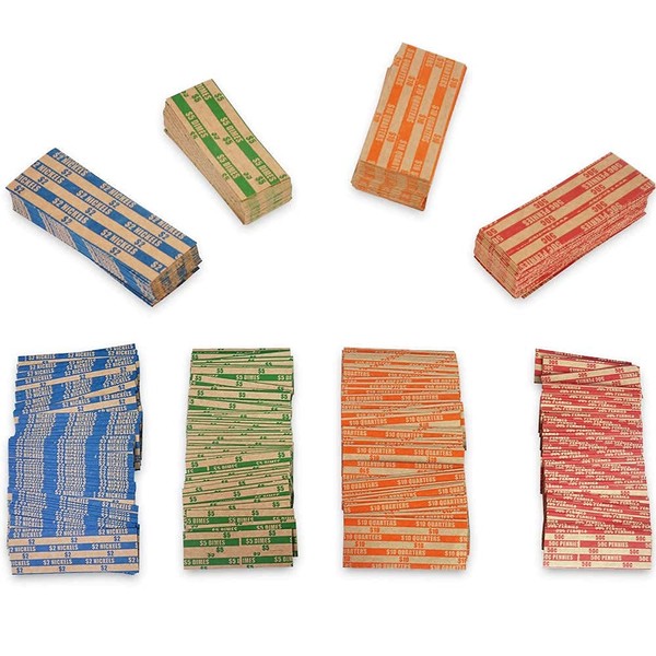 Essential 200 pcs Assorted Packed Flat Stripped Coin Wrappers,Coin Rolls Wrapper for Quarters,Dimes,Nickels,Pennies