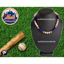 Power Energy Sports Iced Rhinestone Bling Ball Bead Baseball Chain Necklace Orange Blue NY Mets - 24" inches