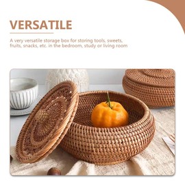 Garneck Round Rattan Basket Wicker Bread Basket With Lid Woven Fruit Storage Box Kitchen Food Vegetables Serving Container Multifunctional Small Basket for Home Restaurant