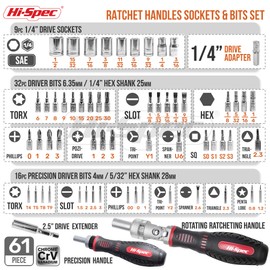 Hi-Spec 61pc 1/4” Hex Driver Bits & Socket Set with Right Angle Ratchet Handle. Easy Repairs with Torx & Small Precision Multi Bits. Impact Screwdriver Bit Set in a Storage Case