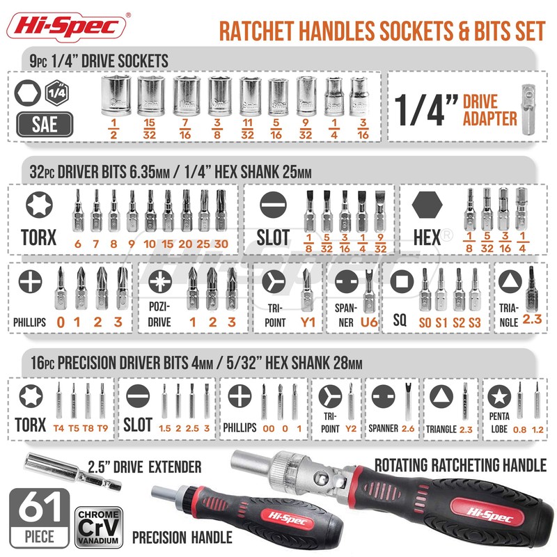 Hi-Spec 61pc 1/4” Hex Driver Bits & Socket Set with
