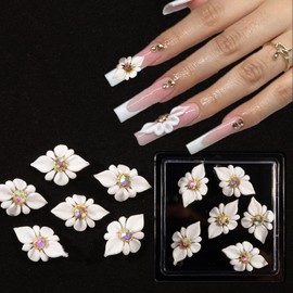 6Pcs 3D Handmade Flower Rhinestones White Acrylic Flower Nail Art Charms 2025 INS Trendy handcarved Flower Sculpted White Petal Floral Nail Decoration Summer Spring DIY Nail Crafts (Nail Flower-03)