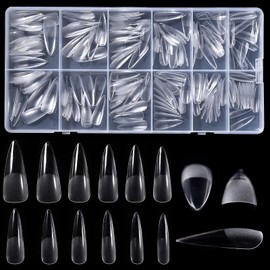 KADS Kurze Nagelspitzen für Acrylnägel, transparent, künstliche Spitzen, quadratisch, lang, Stiletto für Maniküre mit Box, transparent, lang, Stiletto, 240 Stück