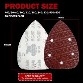 Sandpaper Triangle Sander, Pack of 100 Sandpaper 140 x 90 mm Delta Sandpaper Velcro 5 Hole Multi Sandpaper Sandpaper 40-600 Grit for Detail Sanders Sanding Polishing