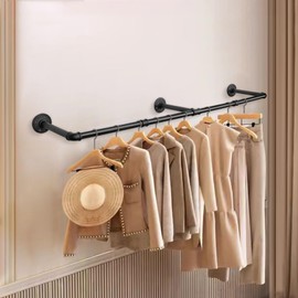 Jeasor Industrial Iron Pipe Clothes Hanging Bar DIY Wall-Mounted Garment Rack Heavy Duty Clothing Rack for Bedroom, Laundry Room, Closet Storage (Black 50 inch)