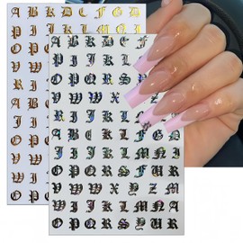 8 Sheets Old English Nail Art Stickers Decals Black White Letters Character Nail Decals Laser Glitter Gold Letters Alphabet Nail Art Design Letters Words Nail Sticker for Women Girls Nail Decoration