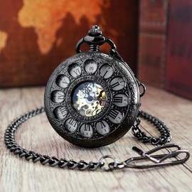 VIGOROSO Vintage Hand Wind Up Pocket Watches for Men, Mechanical Black Pocket Watch with Chain, Mens Skeleton Pocketwatch