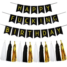 Black & White Gold Tissue Paper Tassels Garland & Happy Birthday Banner - Funny 30th, 40th, 50th Birthday Party Decorations
