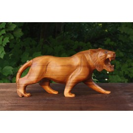 G6 Collection 12" Wooden Hand Carved Tiger Statue Figurine Sculpture Art Decorative Home Decor Accent Lodge Wood Handmade Handcrafted Wild Animal Decoration Tiger