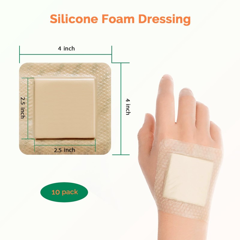 Silicone Foam Dressing 4x4 Inch with Border 10 Packs Adhesive