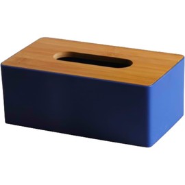 Tissue Box with Bamboo Cover,Plastic Tissue Organizer,Bathroom Tissue Dispenser for Home,Bedroom,Office,Living Room,9.6 × 4.9 × 3.5 in (Navy Blue)