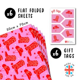 Bridal Shower Wrapping Paper - Red and Pink - Cowboy Boots and Hats - 6 Sheets of Wrapping Paper for Women - Anniversary, Christmas - With Stickers - From Central 23