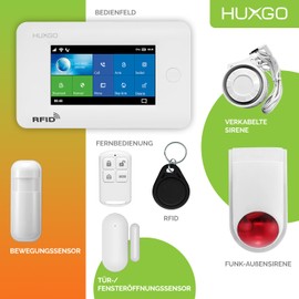 HUXGO® HXA006 Alarm System House WiFi + GSM with Siren Alarm System with Motion Sensor, Window Alarm/Door Alarm | Mobile Home Alarm System Remote Control | Smart Home Security TUYA