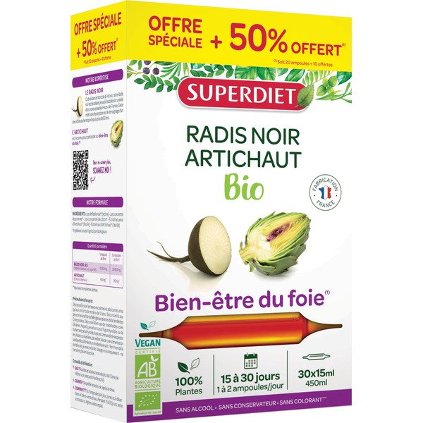 Superdiet - Organic Artichaut - Transit & Easy Digestion - Made in France - Economical Size - 30 Vials of 15 ml
