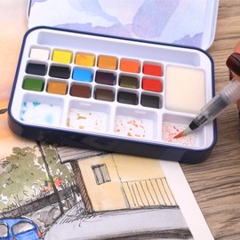 Artecho Watercolour Paint Set, 18 Basic Colours Watercolours, Watercolour with Water Tank Brush, Portable Watercolour Painting Box, Perfect for Beginners and Professionals, the Ideal Gift