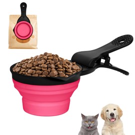 PNEUICALLY Collapsible Dog Food Scoop Foldable Pet Food Bag Clip 3 in 1 Multi-function Silicone Cat Food Measuring Cup Scoop Dog Food Scooper Pet Food Storage Clip (Rose Red, 1 Cup Capacity(1 Pack))