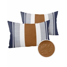 Waterproof Throw Pillow Covers for Couch Patio Living Room Furniture Garden Balcony, Vintage Striped Blue Lines Brown Modern Boho Rectangle Cushion Cases Home Decorations, 20 x 12 Inch Set of 2