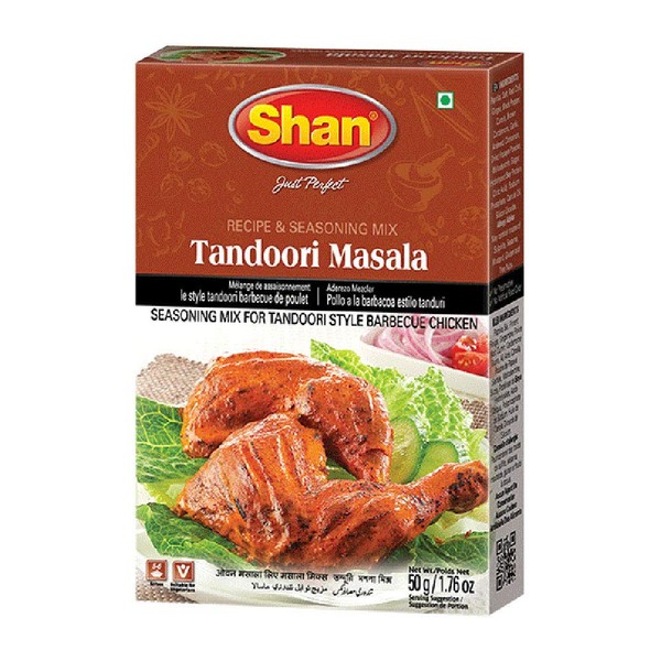 Shan Tandoori Recipe and Seasoning Mix 1.76 oz (50g) - Spice Powder for Tandoori Style Barbecue Chicken - Suitable for Vegetarians - Airtight Bag in a Box