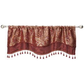 Madison Park Aubrey Jacquard Window Rod Pocket Valance with Beads, 50x18, Burgundy
