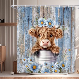 MDUKOIN Funny Highland Cow Shower Curtain, Blue Cute Rustic Western Floral Plant Daisy Wooden Farmhouse Bath Curtain, Country Animal Fabric Waterproof Shower Curtain Set for Bathtub Decor, 72X72IN