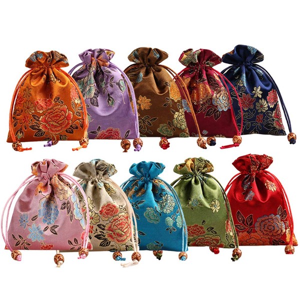 10 Pcs Silk Drawstring Gift Bag Embroidered Jewelry Crystal Pouch Bag Christmas Candy Chocolate Bags Present Package Bag Retro Small Coin Purses for Wedding Party Favors and DIY Craft