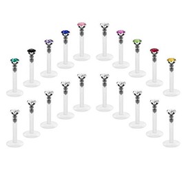 Crdifu Plastic Lip Piercing, Labret Stud Retainer Set, Flexible Plastic, 6/8/10/12 mm with Bioflex Crystal, 16G
