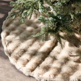 Christmas Tree Skirt 48 Inch, Rustic Neutral Faux Fur Large Christmas Tree Skirt, Khaki Farmhouse Soft Plush Xmas Tree Cover Mat Fluffy for Holiday Decoration, Overall Light Brown