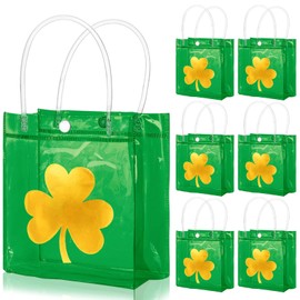 FYSUIMU 12 Pcs St. Patrick's Day Shamrock PVC Gift Bags with Handle Foil Gold Clover Reusable Transparent Bags Green Clear Treat Tote Bags for Irish Holiday Party Favors