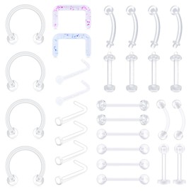 Mayhoop Piercing Retainers Mix Set Clear Nose Studs Flexible Plastic Septum Retainer Lip Nose Tongue Rings Nipplering Helix Tragus Earrings Industrial Piercing for School Work 30Pcs