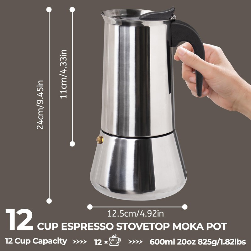 12 Cup 600ml Moka Pot Stainless Steel Espresso Coffee Maker