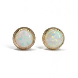 Kathy Bankston Handmade Opal Stud Earrings in 14k Gold Fill, 4mm Round Bezel Simulated Opals for Women