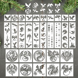 Keluna Dragon Stencils for Painting - 30 Pcs Reusable Pterosaur Moon Star Crafts Templates Dragon Themed Stencils for Painting onWood Wall DIY Art Craft Canvas Fabric Home Décor