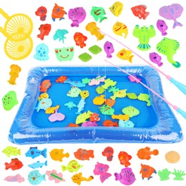 LUFEIS Fishing Toy, Fishing Game Magnet, 49 Pieces Fishing Game Children, Bath Toy, Bath Toy Children with Pool, Rod and Net, Fish Fishing Game 2 Years, Gift for Girls Boys