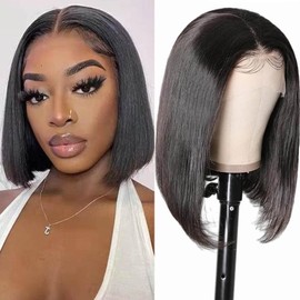 Human Hair Wigs for Black Women 13x4 HD Bob Wig Human Hair Lace Front Wigs with Lace Front 180 Density Pre Plucked Straight Wigs (Natural Black, 10 Inch)
