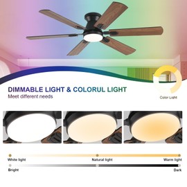 KNUN 56 inch Ceiling Fans with Lights,Brown Flush Mount Ceiling fan with Light and Remote/APP Control, 3CCT, Dimmable, Noiseless, Low Profile Ceiling Fan for Bedroom, Patio, Indoor/Outdoor Use