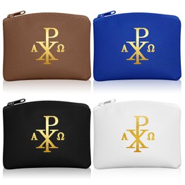 Dansydaisy 4 Pcs Rosary Pouch Catholic with Gold Cross PU Leather Rosary Case for Women and Men Coin Purses Holder Zipper Bag for Travel Christmas, 4 Colors(Vintage Colors,Chi Rho)