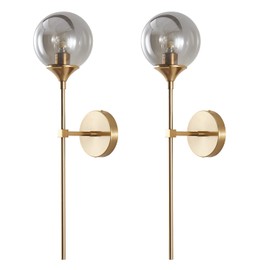 BOKT Brushed Brass Gold Wall Mounted Sconce Set of 2 Mid Century Modern Long Globe Wall Light Fixture Vintage Smoke Gray Glass Wall Sconce Lighting (Smoke Gray)