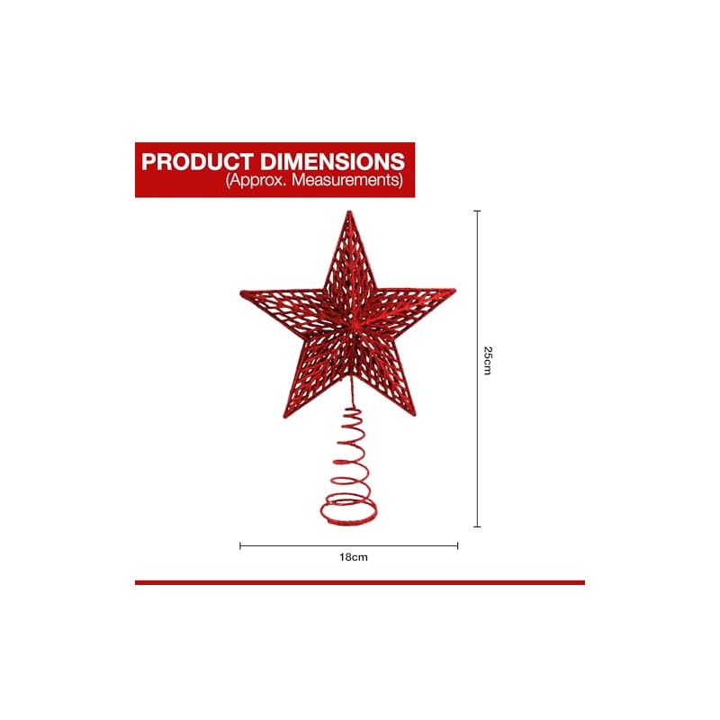 25cm Christmas Tree Star Topper - Red Glitter Hollow Xmas