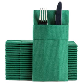 Green Dinner Napkins Cloth Like with Built-in Flatware Pocket, Linen-Feel Absorbent Disposable Paper Hand Napkins for Kitchen, Bathroom, Parties, Weddings, Dinners or Events, 1/8 Fold, Pack of 50