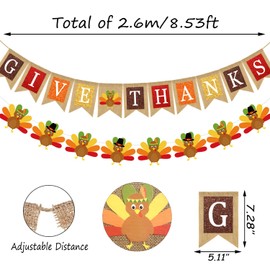 Doumeny 2Pcs Give Thanks Burlap Banner Turkey Paper Hanging Banner Thankful Bunting Garland with Turkey Thanksgiving Fall Party Garland Autumn Harvest Bunting Flag for Mantel Fireplace Farmhouse Decor