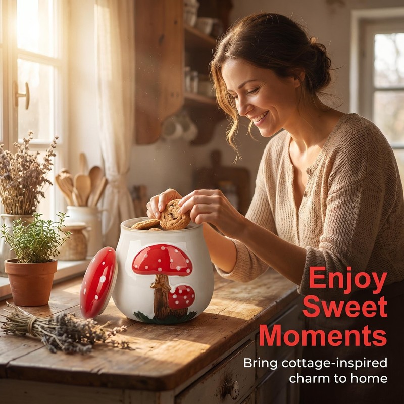Ceramic Airtight Cookie Jar with Lid Mushroom Candy Canister Relief
