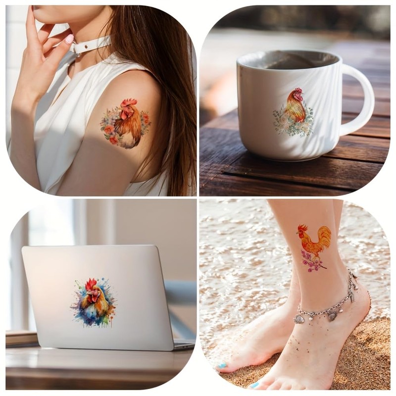 16 Sheets Rooster Temporary Tattoos. Watercolour Colourful Poultry Art.